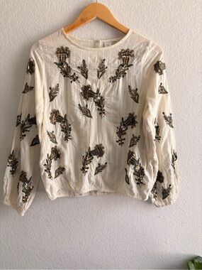 Anthropologie Seen Worn Kept Gold Beaded Sequin Embellished Blouse xs